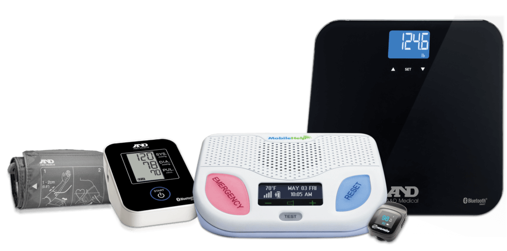 MobileVitals system showing the MobileTouch Classic and related peripherals such as scale and blood pressure cuff.
