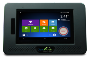 Clear Arch Health touch screen tablet with SDoH services feature tiles and PERS emergency help button.