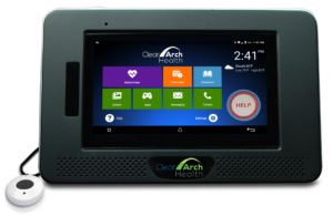 Clear Arch Health touch screen tablet with SDoH services feature tiles and emergency help button.