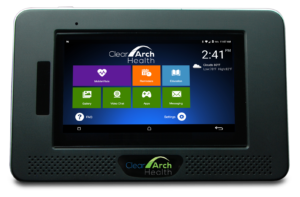 Clear Arch Health touch screen tablet with SDoH services feature tiles and emergency help button.