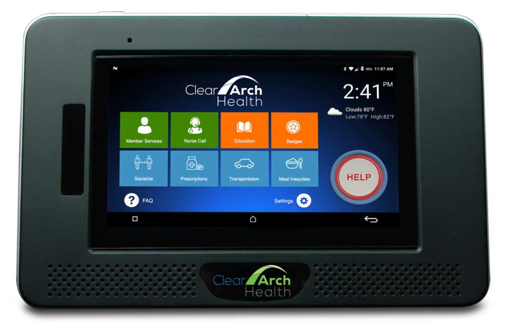 Clear Advantage touch screen tablet with SDoH services feature tiles and emergency help button.